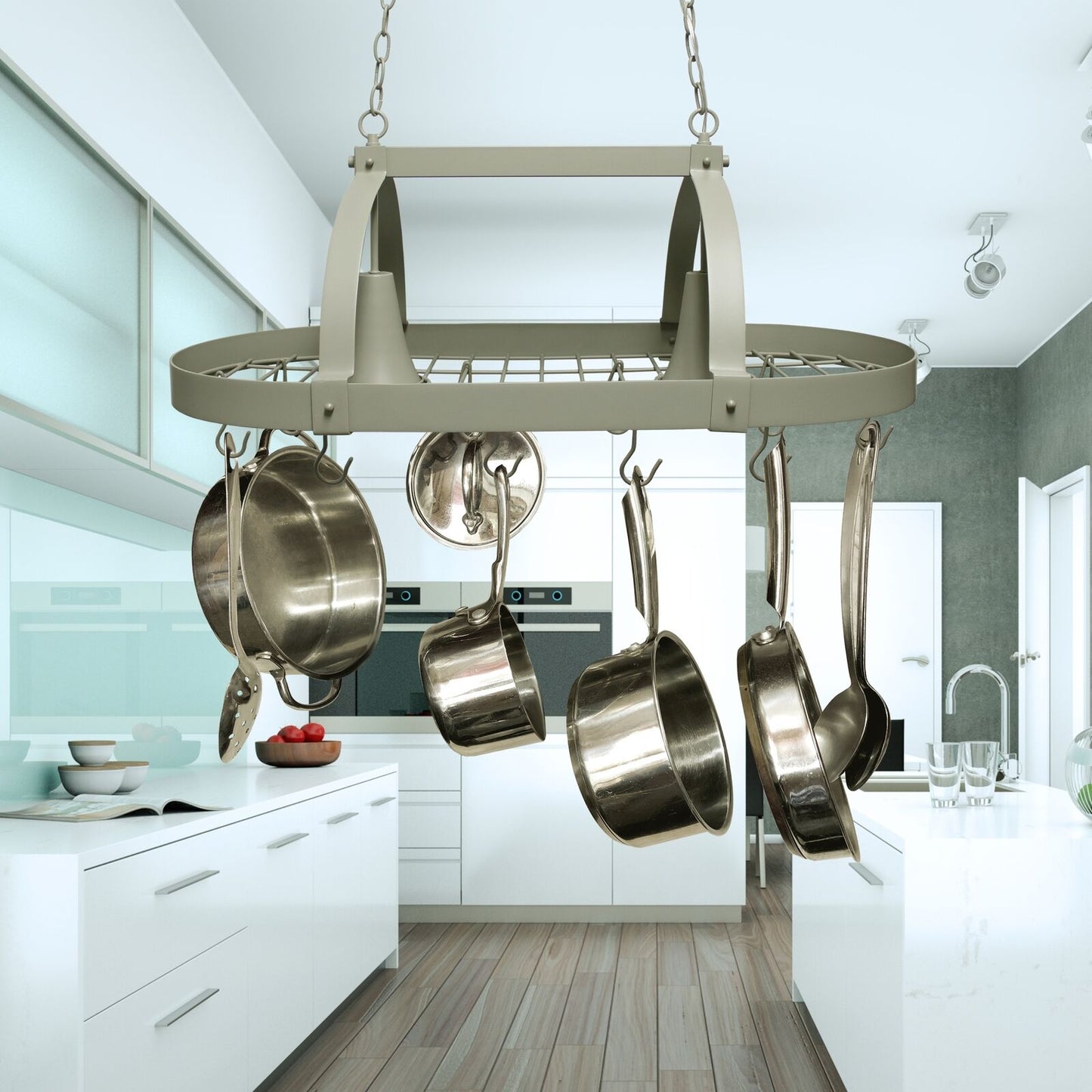 Lighted Ceiling Hanging Pot And Pan Organizer Kitchen Rack